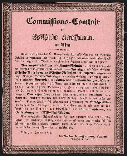 Rechnung Ulm 1841, Commissions-Comtoir von Wilhelm Kauffmann