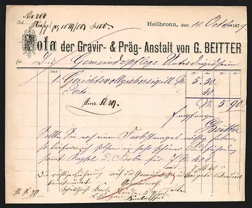 Rechnung Heilbronn 1879, G. Beitter, Gravir- & Präg-Anstalt