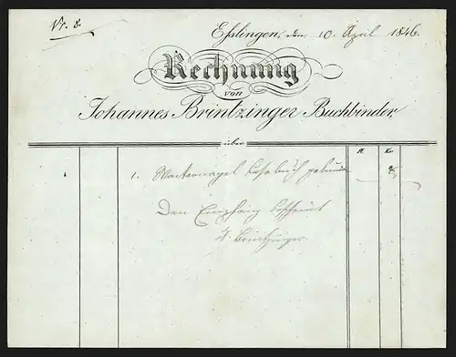 Rechnung Esslingen 1846, Johannes Brintzinger, Buchbinder