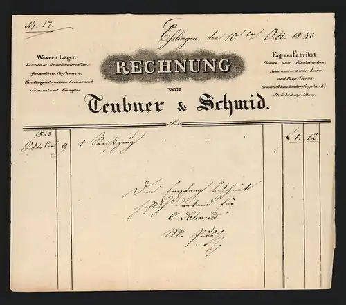 Rechnung Esslingen 1843, Teubner & Schmid, Waaren-Lager und eigene Fabrikation von Leder- und Papp-Arbeiten