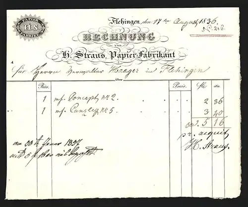 Rechnung Flehingen 1836, H. Strauss, Papier-Fabrikant, Firmenlogo