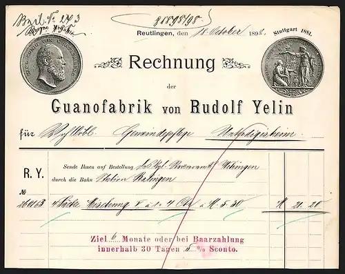 Rechnung Reutlingen 1898, Guanofabrik von Rudolf Yelin, Auszeichnungen