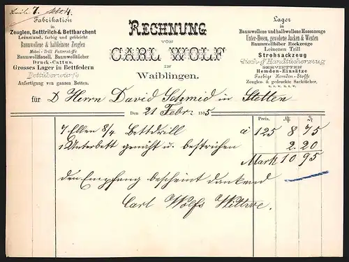 Rechnung Waiblingen 1885, Carl Wolf, Textil- und Betten-Fabrikation
