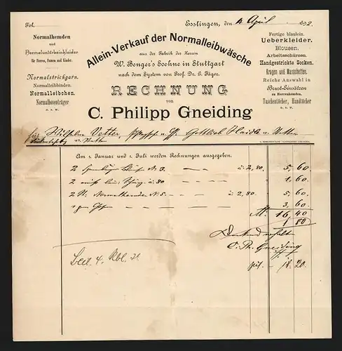 Rechnung Esslingen 1892, C. Philipp Gneiding, Allein-Verkauf der Normalleibwäsche aus den Fabriken W. Benger`s Soehne