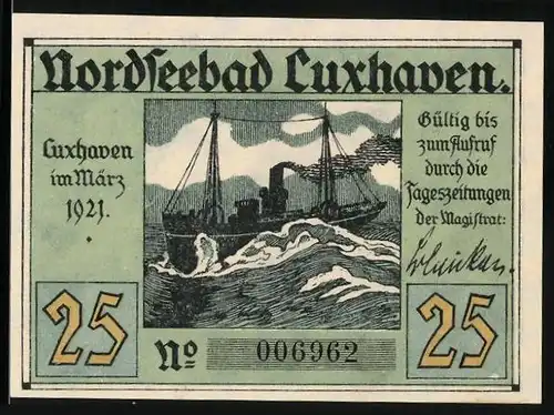 Notgeld Cuxhaven 1921, 25 Pfennig, Dampfer auf hoher See, Leuchtturm