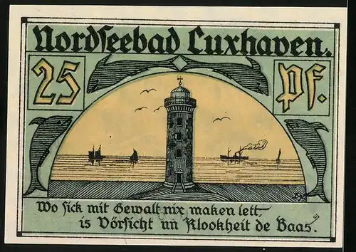 Notgeld Cuxhaven 1921, 25 Pfennig, Dampfer auf hoher See, Leuchtturm