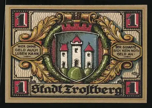 Notgeld Trostberg, 1 Mark, Wappen mit Schloss, Strassenpartie