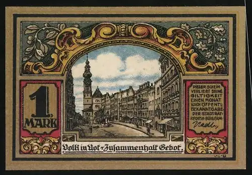 Notgeld Trostberg, 1 Mark, Wappen mit Schloss, Strassenpartie