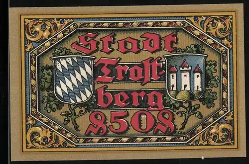 Notgeld Trostberg 1920, 50 Pfennig, Wappen, Seitenansicht vom Schloss