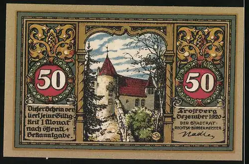 Notgeld Trostberg 1920, 50 Pfennig, Wappen, Seitenansicht vom Schloss
