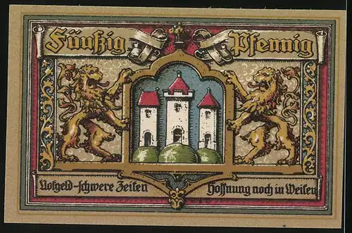 Notgeld Trostberg 1920, 50 Pfennig, Ortsansicht und Wappen, Schloss