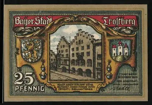 Notgeld Trostberg 1920, 25 Pfennig, Strassenpartie mit pompösen Gebäude