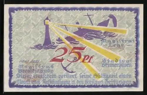 Notgeld Bremerhaven 1921, 25 Pfennig, Leuchtturm strahlt bei Nacht, Dampfer und Wappen
