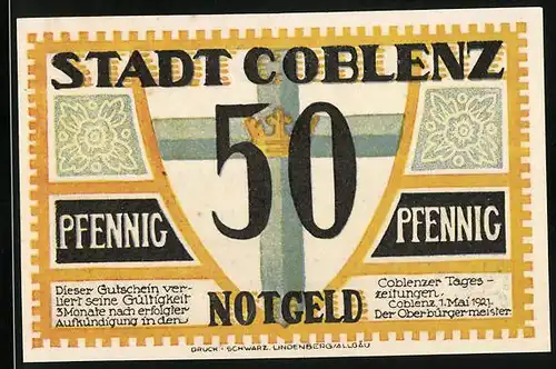 Notgeld Coblenz 1921, 50 Pfennig, Kreuz mit Krone, Blick auf das Denkmal