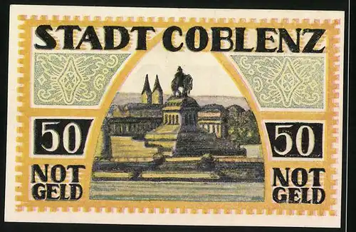 Notgeld Coblenz 1921, 50 Pfennig, Kreuz mit Krone, Blick auf das Denkmal