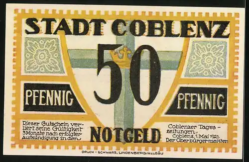 Notgeld Coblenz 1921, 50 Pfennig, Blick auf pompöses Gebäude, Kreuz mit Krone