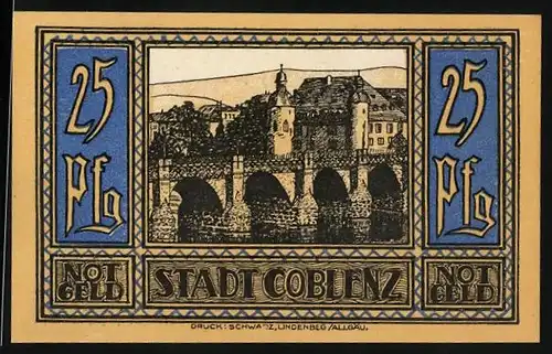 Notgeld Coblenz 1921, 25 Pfennig, Brücke zur Stadt, Wappen mit Krone