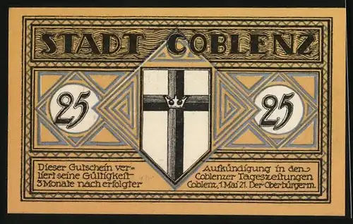 Notgeld Coblenz 1921, 25 Pfennig, Brücke zur Stadt, Wappen mit Krone