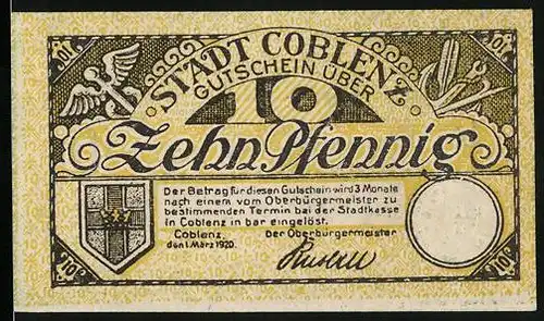 Notgeld Coblenz 1920, 10 Pfennig, Wappen, Unterschrift vom Oberbürgermeister