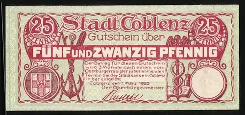 Notgeld Coblenz 1920, 25 Pfennig, Wappen, Anker, Unterschrift vom Oberbürgermeister