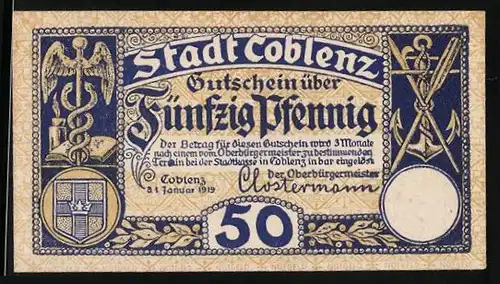 Notgeld Coblenz 1919, 50 Pfennig, Wappen, Anker, Unterschrift von Oberbürgermeister Clostermann