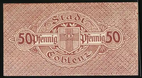 Notgeld Coblenz 1919, 50 Pfennig, Wappen, Anker, Unterschrift von Oberbürgermeister Clostermann