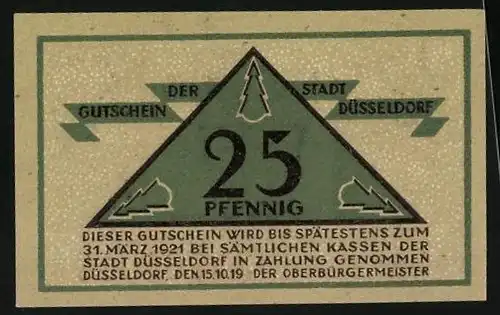 Notgeld Düsseldorf 1919, 25 Pfennig, Dreieck mit tannen und Wappensymbol