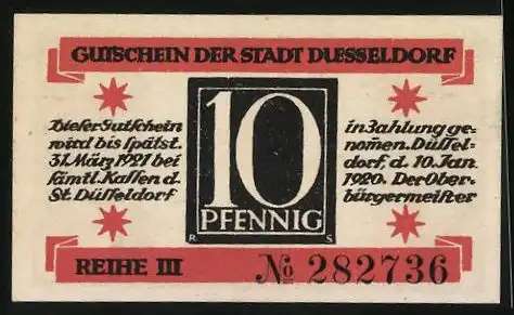 Notgeld Düsseldorf 1920, 10 Pfennig, Zwei Löwen halten Anker
