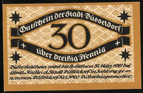 Notgeld Düsseldorf 1920, 30 Pfennig, Schwarzes Band mit Aufschrift und Sternen