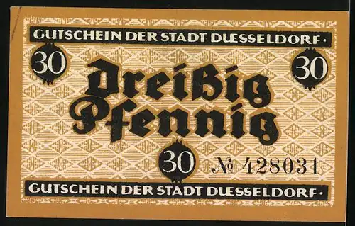 Notgeld Düsseldorf 1920, 30 Pfennig, Schwarzes Band mit Aufschrift und Sternen