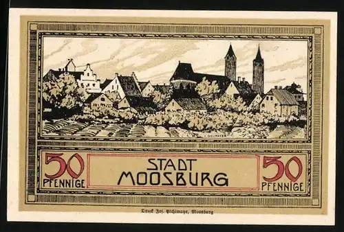 Notgeld Moosburg, 50 Pfennig, Ortsansicht, Wappen