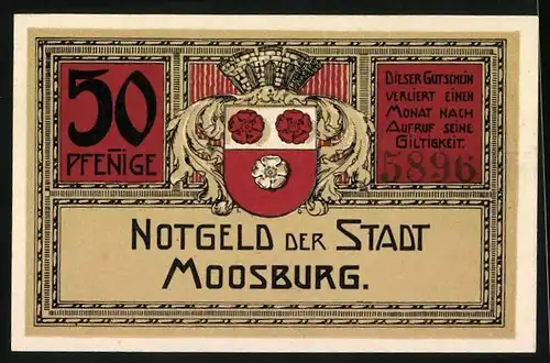 Notgeld Moosburg, 50 Pfennig, Ortsansicht, Wappen