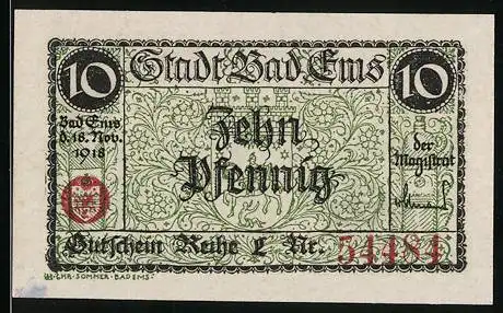 Notgeld Bad Ems 1918, 10 Pfennig, Ortsansicht mit Kränchen Flaschen
