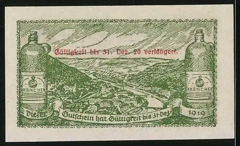 Notgeld Bad Ems 1918, 10 Pfennig, Ortsansicht mit Kränchen Flaschen
