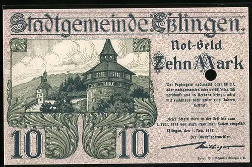 Notgeld Esslingen 1919, 10 Mark, Blick auf das Schloss, Adler, entwertet
