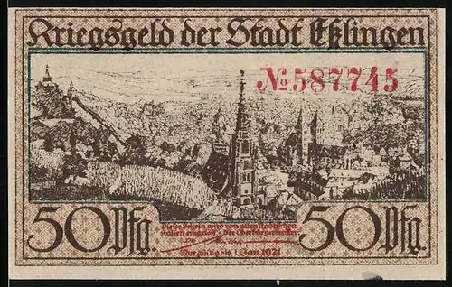 Notgeld Esslingen 1921, 50 Pfennig, Ortsansicht mit Kirche