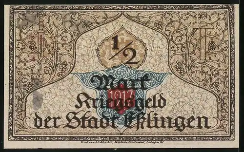Notgeld Esslingen 1921, 50 Pfennig, Ortsansicht mit Kirche