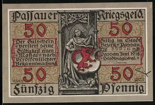 Notgeld Passau 1918, 50 Pfennig, Frau in langen Gewändern mit Wappen, Ortsansicht