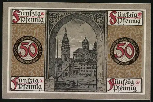 Notgeld Passau 1918, 50 Pfennig, Frau in langen Gewändern mit Wappen, Ortsansicht