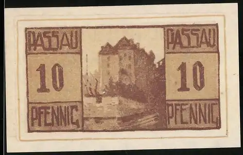Notgeld Passau, 10 Pfennig, Grosses Gebäude mit Mauer