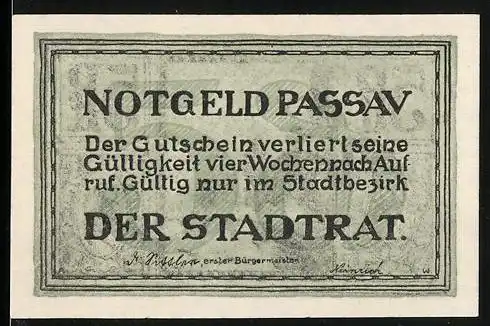 Notgeld Passau, 5 Pfennig, Unterschrift des Bürgermeisters, Ortsansicht am Wasser