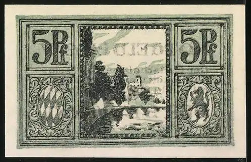 Notgeld Passau, 5 Pfennig, Unterschrift des Bürgermeisters, Ortsansicht am Wasser