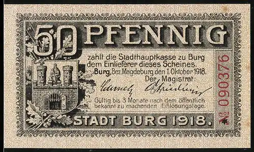 Notgeld Burg 1918, 50 Pfennig, Wappen mit Burgtor, Rathaus