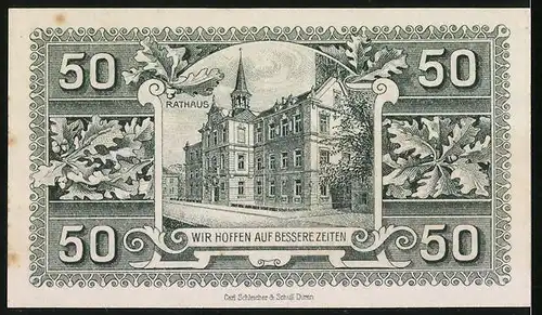 Notgeld Burg 1918, 50 Pfennig, Wappen mit Burgtor, Rathaus