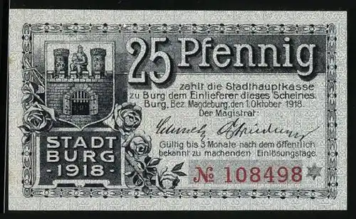 Notgeld Burg 1918, 25 Pfennig, Wappen, Strassenpartie mit Rathaus