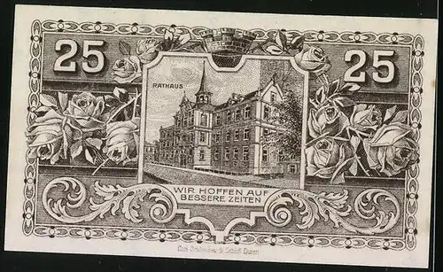 Notgeld Burg 1918, 25 Pfennig, Wappen, Strassenpartie mit Rathaus