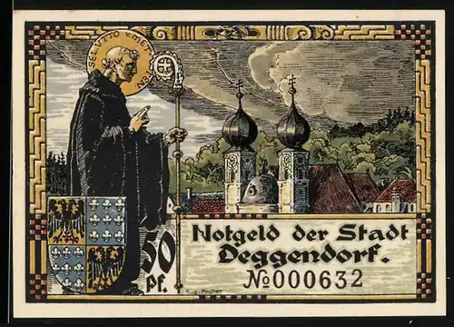 Notgeld Deggendorf 1920, 50 Pfennig, Geistlicher vor der Kirche, Wappen, Ortsansicht mit Dampfer