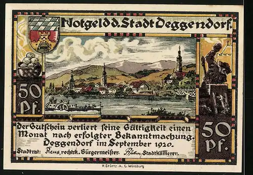 Notgeld Deggendorf 1920, 50 Pfennig, Geistlicher vor der Kirche, Wappen, Ortsansicht mit Dampfer