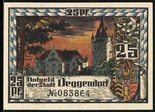 Notgeld Deggendorf 1920, 25 Pfennig, Schloss Egg bei Dämmerung, Wappen