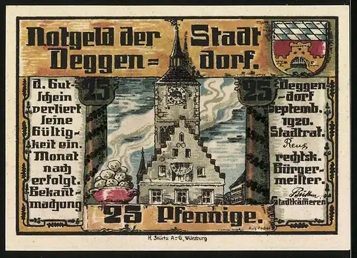 Notgeld Deggendorf 1920, 25 Pfennig, Schloss Egg bei Dämmerung, Wappen